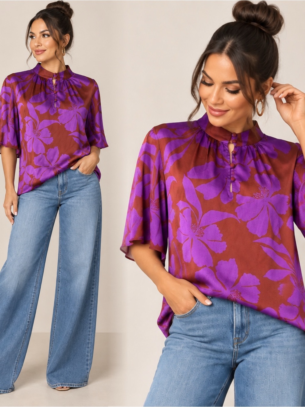 Liz Claiborne Purple Floral Blouse on Rust Base